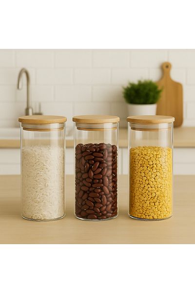 Blissra Set of 3 Borosilicate Glass Pulses, Bamboo Vacuum Lid 18 Cm, Diameter: 8 cm 900ml