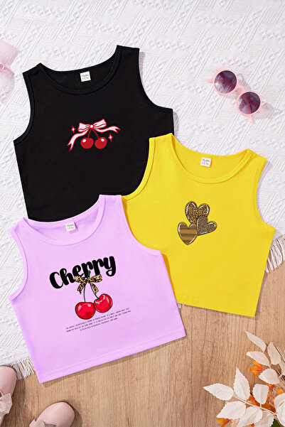 TARZ STİL Kız Çocuk Vişne Leopar Temalı 3'lü Crop Tişört Seti 23498 23497 23500
