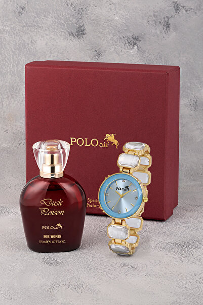 Polo Air Lüx Taşlı Kadın Kol Saati Parfüm Bordo Hediyelik Kutsunda Set Mavi G...