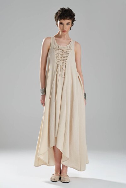 tw3 Γυναικείο μακρύ φόρεμα με λινό ύφασμα με δέσιμο μπροστά