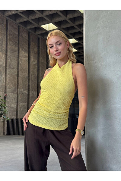hazelin Women's Yellow Halter Neck Seersucker Fabric Blouse Hzl25S-Zk13631