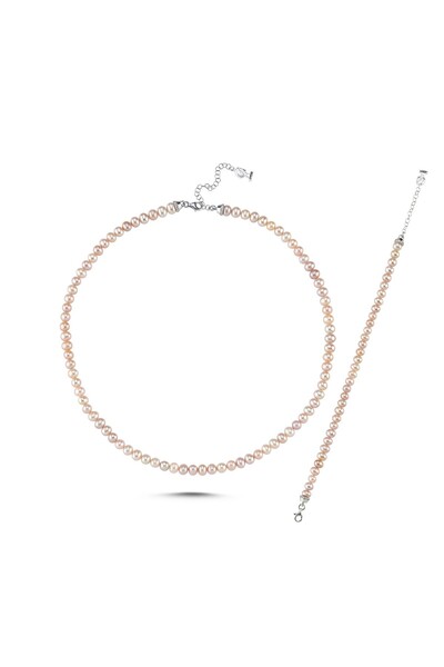 birinci 1926 Pembe Doğal İnci Kolye Bileklik İkili Set BEYAZ