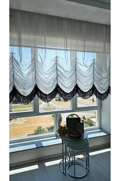 DİLETTO Gray Tasseled Steel Tulle Balloon Curtain (Ironing Not Required)