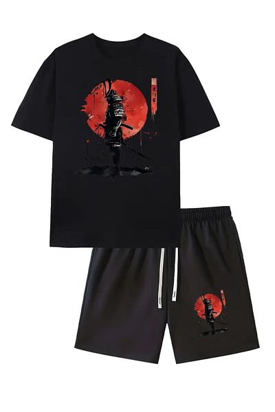 ACTIVE MODA -Men's Cotton Printed Basic Line Tshirt-Shorts Set 2-Pack Oversize Large Size