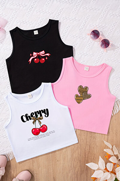 TARZ STİL Kız Çocuk Vişne Leopar Temalı 3'lü Crop Tişört Seti 23498 23497 23500