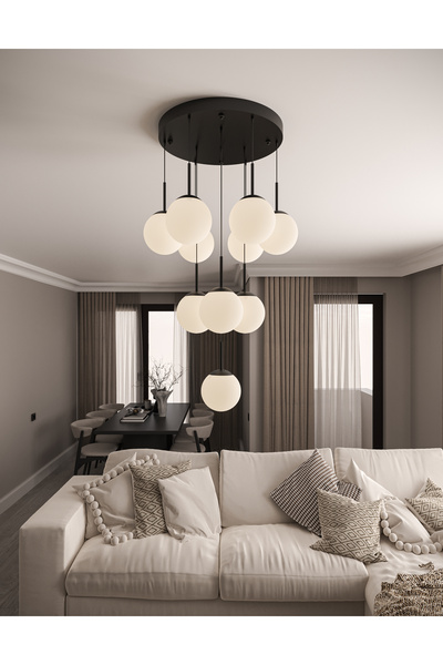 avizade ECLIPSE Modern 10'lu Sarkıt Siyah Metal Avize - Beyaz Renkli Cam Küre...