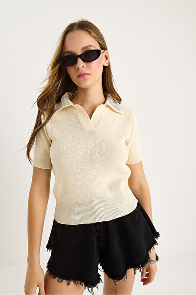 Bianco Lucci Women's Polo Neck Stone Detailed Summer Knitwear Blouse 20246856