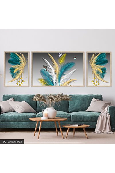 Evinemoda Renkli Tüyler Kelebek 3 Parça Ahşap Çerçeveli Tablo