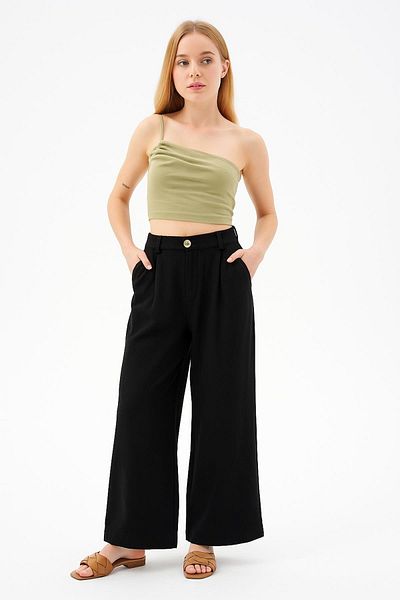 Fashion Friends Yüksel Waist Culotte Linen Trousers Black