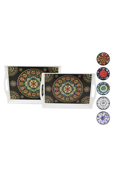 Zayla Set of 2 - Rectangular Lotus Tray with Handle Colorful Patterned 22.2X30.4Cm - 25.5X33.8Cm (5165)