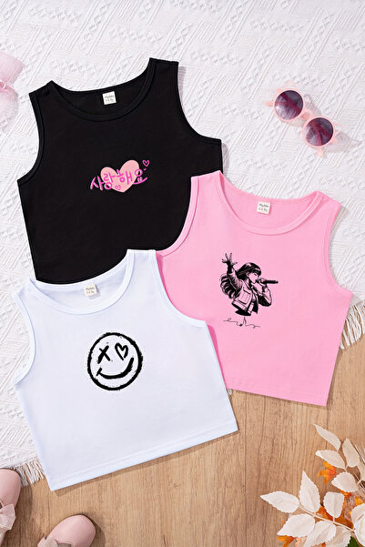 TARZ STİL طقم تيشيرت قصير مكون من 3 قطع برسومات جرافيتي بوبستار للفتيات 23503-1 23501 23502