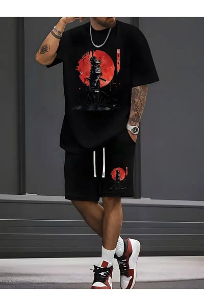 ACTIVE MODA -Men's Cotton Printed Basic Line Tshirt-Shorts Set 2-Pack Oversize Large Size
