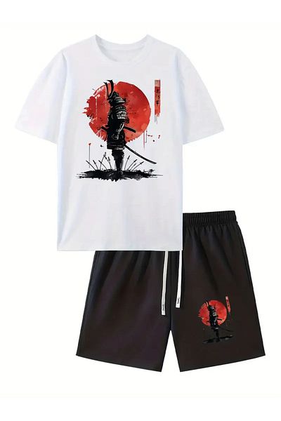 ACTIVE MODA Men's Cotton Printed Basic Line Tshirt-Shorts Set 2-Pack Oversize Large Size
