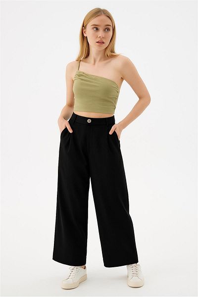 Fashion Friends Yüksel Waist Culotte Linen Trousers Black