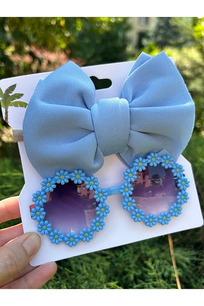 ByMerve Baby Girl 0-4 Years Old Compatible Blue Bow Bandana and Sunglasses Set