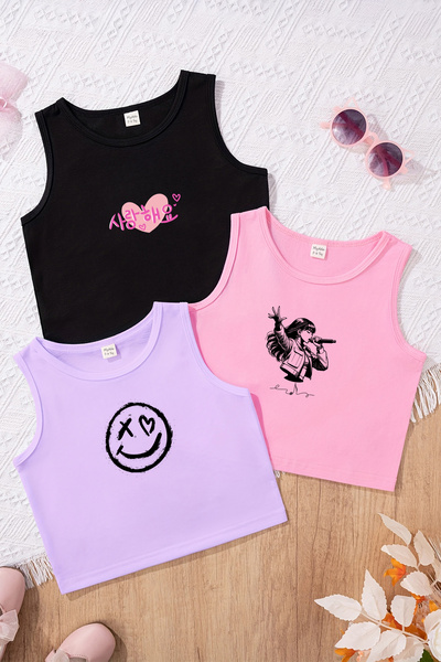 TARZ STİL طقم تيشيرت قصير مكون من 3 قطع برسومات جرافيتي بوبستار للفتيات 23503-1 23501 23502