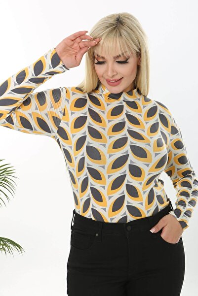 Madwilo Women's Gray Yellow Retro Pattern Plus Size Half Turtleneck Body