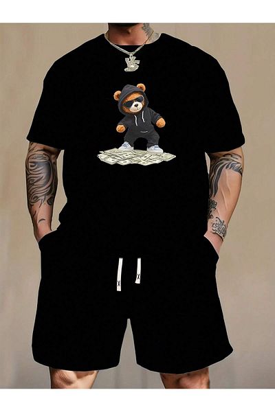 ACTIVE MODA -Men's Cotton Printed Despite Everything Tshirt-Shorts Set 2-Pack Oversize Large Size