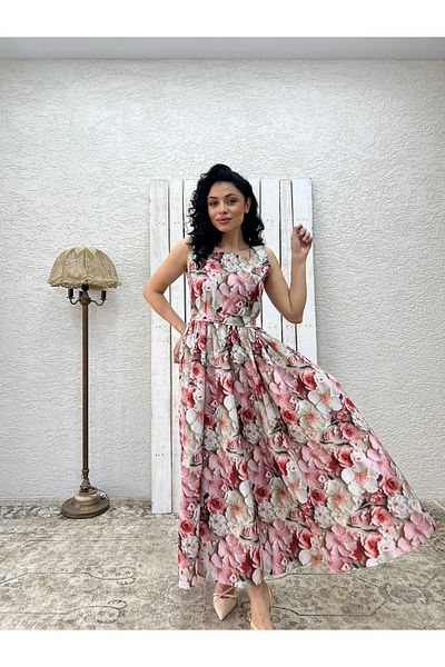 KÜÇÜĞÜM BUTİK Rochie din satin de bumbac roz cu flori mari, fara maneci