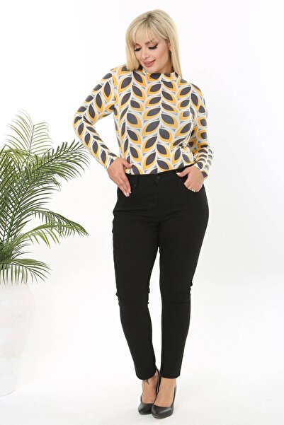 Madwilo Women's Gray Yellow Retro Pattern Plus Size Half Turtleneck Body