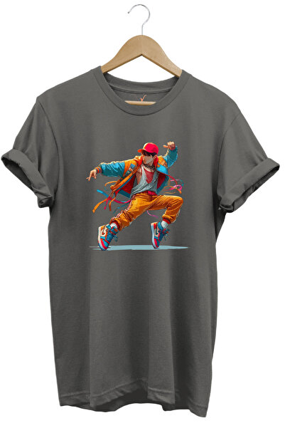 WİDİ Dancing Boy Dancing Boy Design Printed 100% Cotton Regular Fit Gray T-Shirt