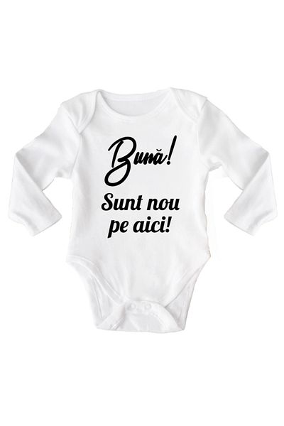 OEM Body bebe, Buna, sunt nou aici, 6 - 12 luni, maneca lunga, bonisa creativ, alb, 100% bumbac