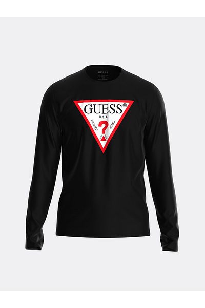 Guess Crew Neck Plain Black Men's T-shirt M2yi31ı3z11jblkcn Ls Logo Tee