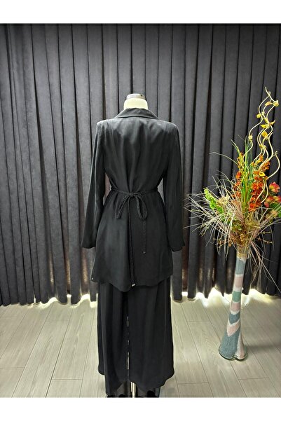 Zühre Lacing Detailed Double Breasted Collar Black Trousers Suit 1562