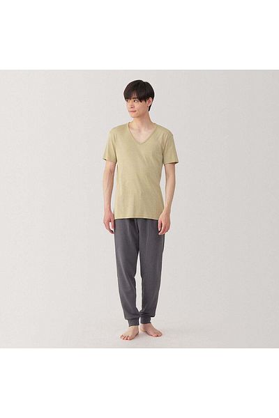 Muji تي شيرت قطني ماص للرطوبة بأكمام قصيرة ورقبة على شكل حرف V
