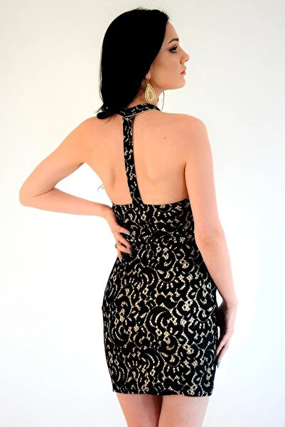 lovebox Kadın Dantel Tasarımlı Halter Yaka Siyah Mini Abiye Elbise 2108