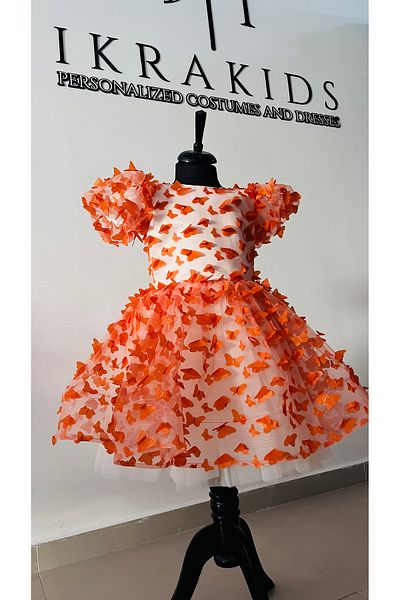 İkrabutikbursa Orange Butterfly Girl's Dress - Puffy, Lined, Short Sleeves, Custom-Made
