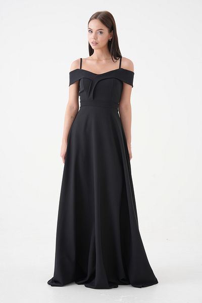 vuvutasarım New Season Women's Scuba Crepe Fabric Shoulder Open Strap Design Black Maxi Dress 342