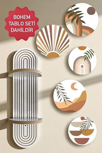 varje Semplice Duvar Rafı Seti Ve Dekoratif Oval 5 Parça Tablo