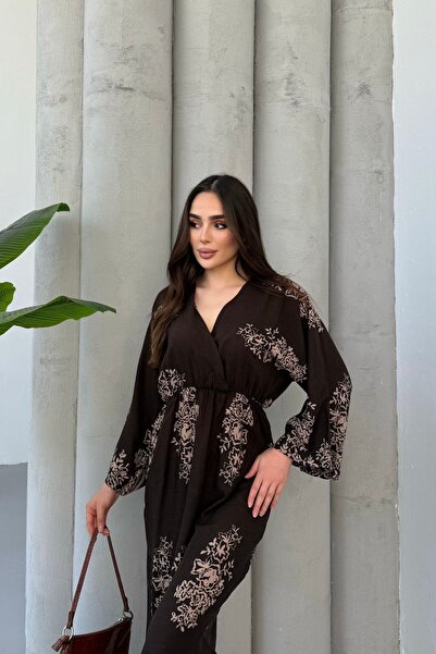 Mezka Rochie de damă cu mâneci lungi și decolteu cu imprimeu