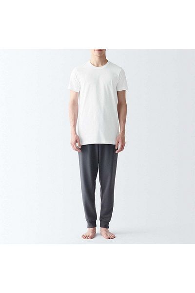 Muji تي شيرت قطني بدون درزات جانبية، رقبة دائرية، أكمام قصيرة، قطعتان