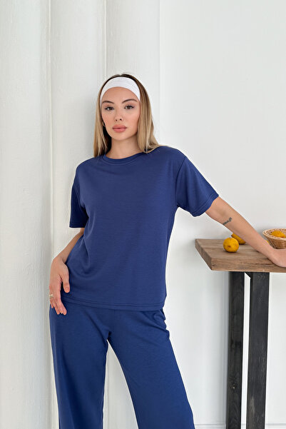 MİROR Women's Navy Blue Modal Fabric Short Sleeve Tracksuit Set