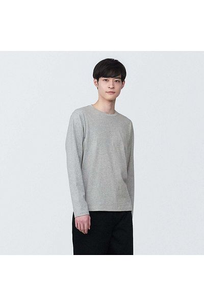 Muji تي شيرت جيرسي مغسول برقبة دائرية وأكمام طويلة