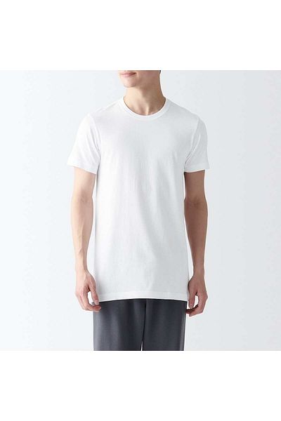 Muji تي شيرت قطني بدون درزات جانبية، رقبة دائرية، أكمام قصيرة، قطعتان