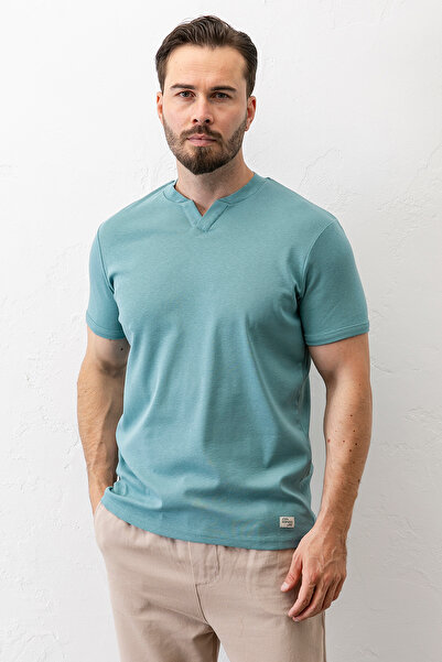 JB John Borners Ανδρικό βαμβακερό μπλουζάκι με λαιμόκοψη V γαλάζιο - 2122