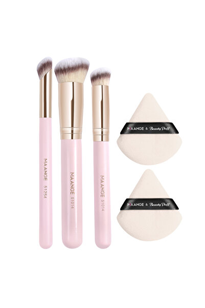 choice2 مجموعة فرش مكياج وردية اللون مكونة من 3 قطع + اسفنجة بودرة مثلثة الشك...