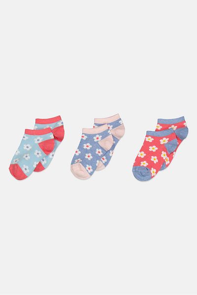 Bebe Kids Girl 3 Pairs Floral Print Ankle Socks, Multicolor