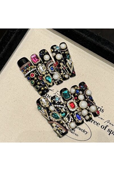 Choice 10 قطع من الأظافر الصناعية المصنوعة يدويًا باللون الأسود الطويل ذات ال...