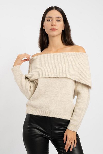 RTD&VLD Women's Vita-197 Deyzi Comfortable Fit Long Sleeve Off-The-Shoulder Madonna Shawl Collar Knitwear Sweater Ecru