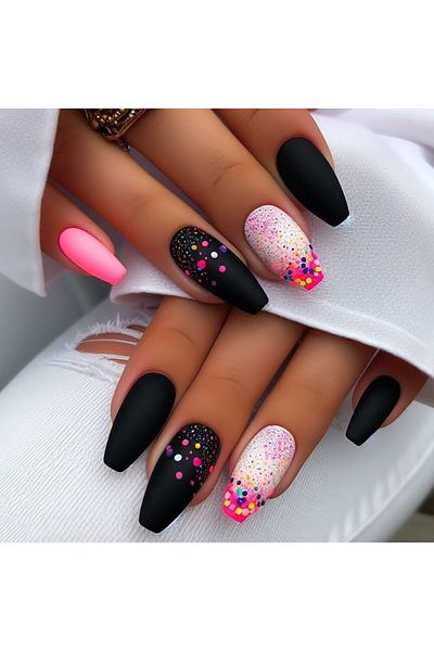 Choice XY-673 Full set of 24 midi ballet fake nails - Mixed color pink gradient and multi-color polka dot c