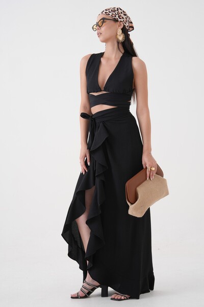 Saade Black Maxi Length Woven Flounced Beach Skirt