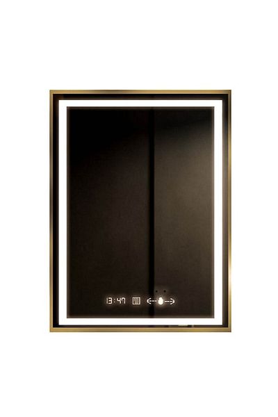 OPTIM DEKO Oglindă de baie premium cu LED tactil, sistem anti-aburire și ceas, ramă aurie 60x80 cm