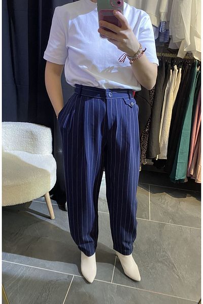 karpuzbutiks Qz Dark Blue Striped Pants-S