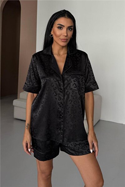 COCCOLARSI Tigre Affascinante Siyah Jakarlı Saten Kısa Pijama Takımı