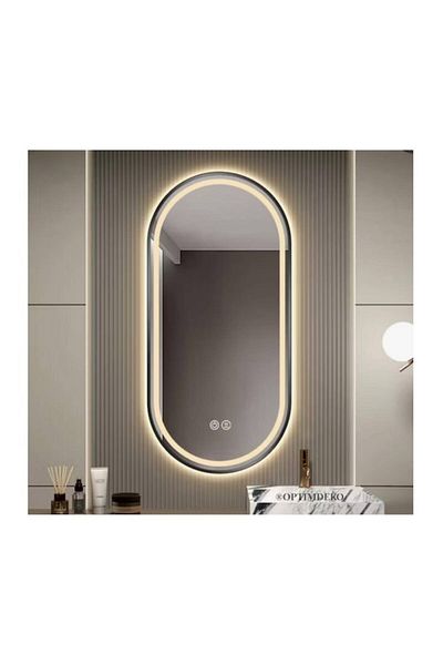 OPTIM DEKO Oglindă ovală LED pentru baie 60x80 cm, ramă neagră, activare tactilă, funcție anti-aburire
