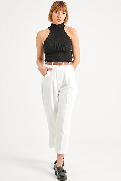 karpuzbutiks Belted High Waist Trousers White-42
